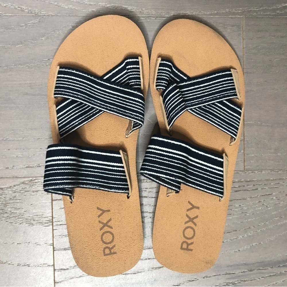 Roxy Shoreside Slip On Sandal Navy And White Size 8 Wide Straps criss cross